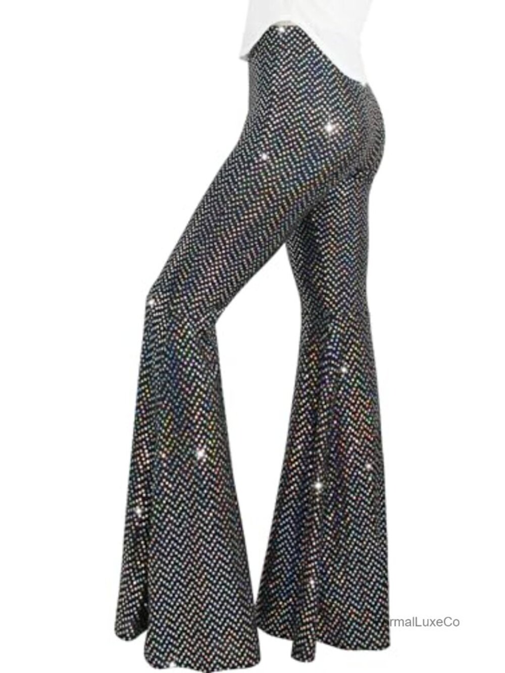 Sequin Flare Pant High Waisted Bell Bottom Glitter Trousers Night Out Clubwear